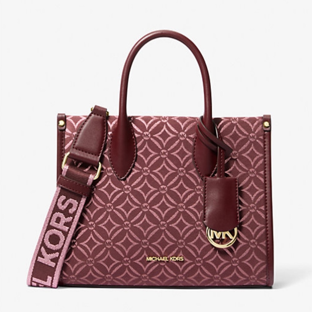 Michael Kors Mirella Small Metallic Logo Jacquard Crossbody Bag Oxblood Multi